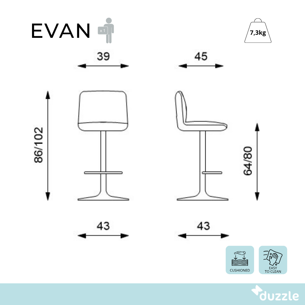 Evan, Set di 2 Sgabelli in microfibra (39cm X 45cm H. 86/102cm)