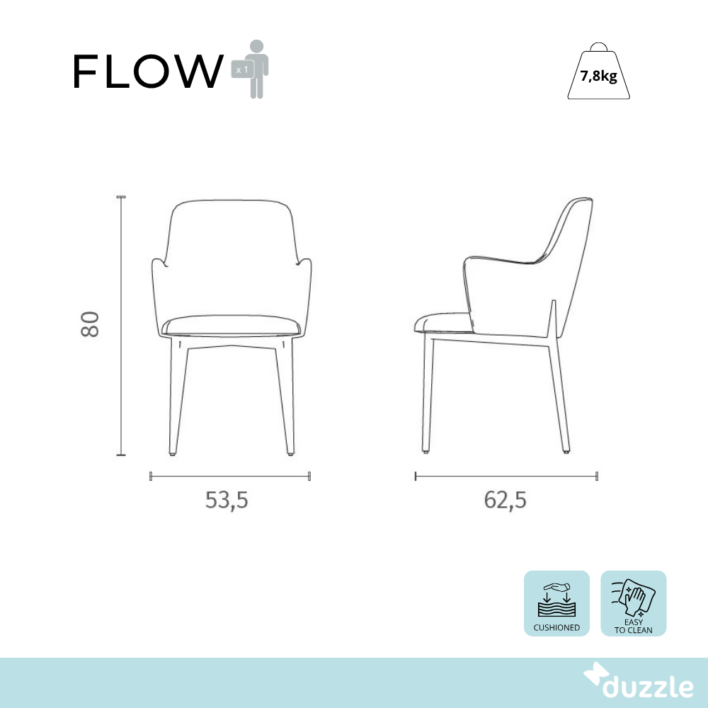 Flow, Set di 4 Sedie in tessuto easy-clean (53.5cm X 62.5cm H. 80cm)
