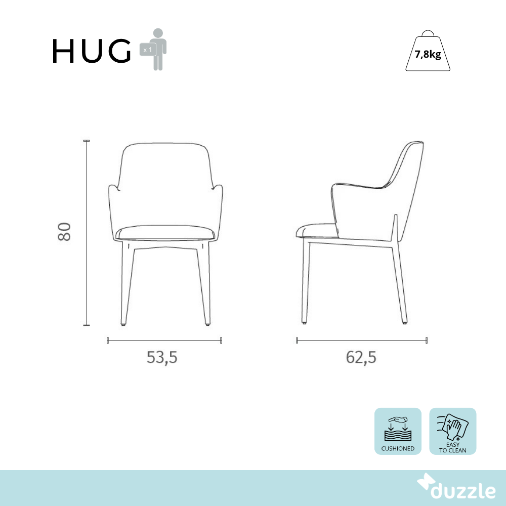 Hug, Set di 4 Sedie in tessuto easy-clean (53.5cm X 62.5cm H. 80cm)