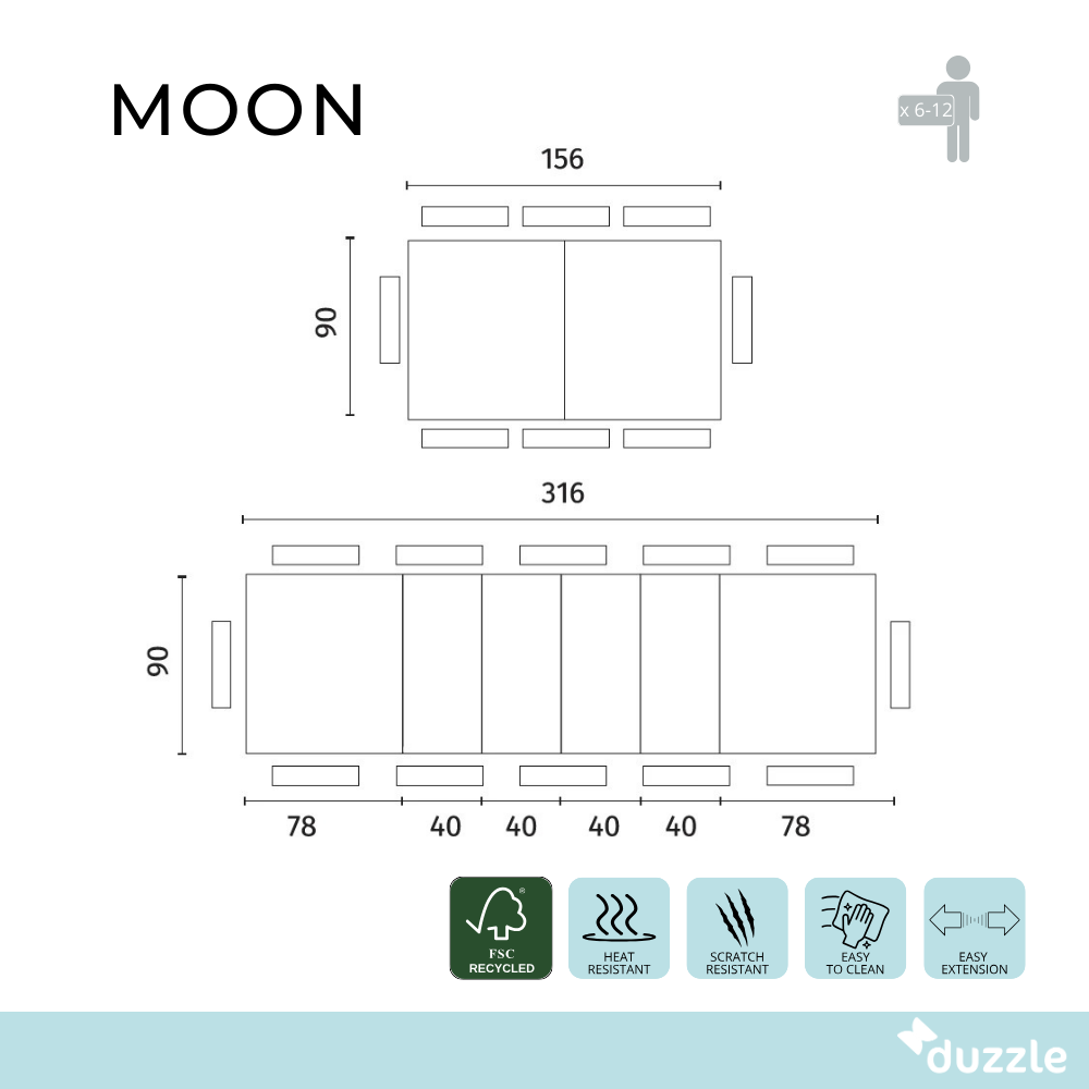 Moon, Tavolo allungabile (90cm X 156/316cm H. 76cm)