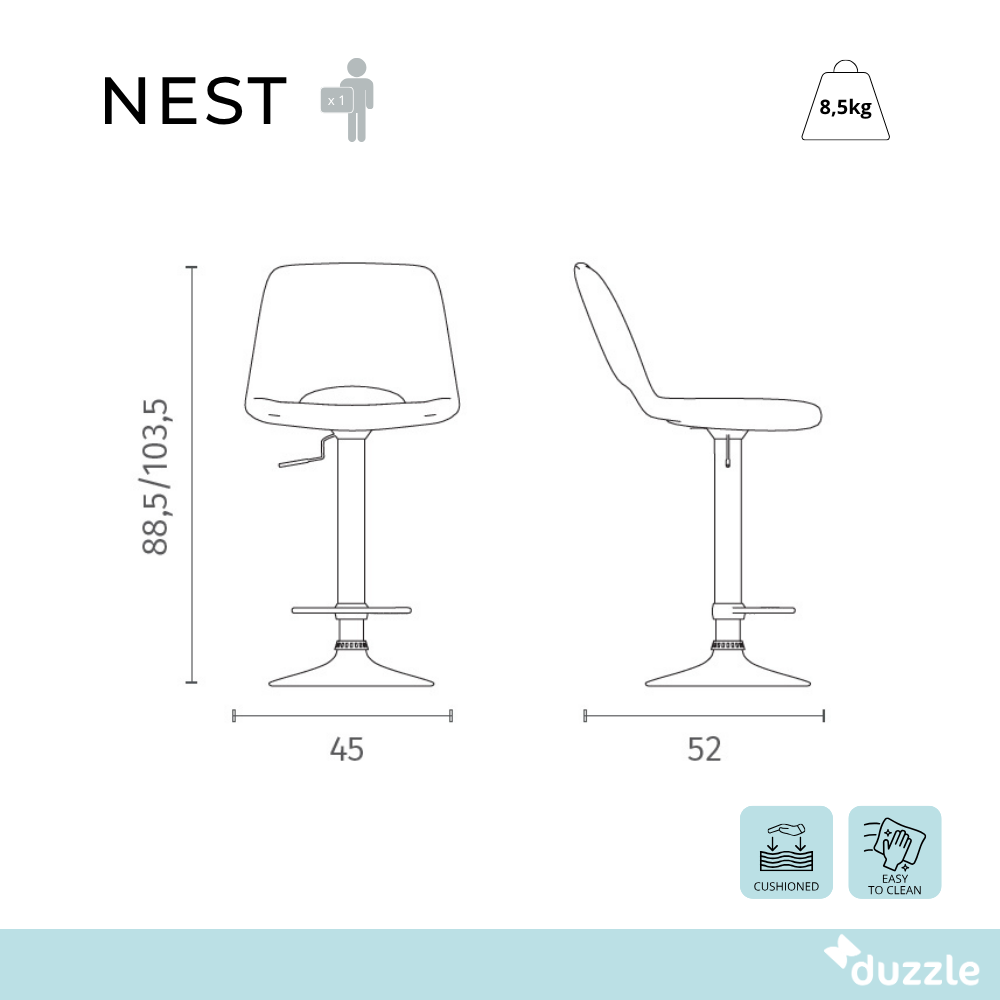 Nest, Set di 2 Sgabelli regolabile in tessuto easy-clean (45cm X 52cm H. 88,5/103,5cm)