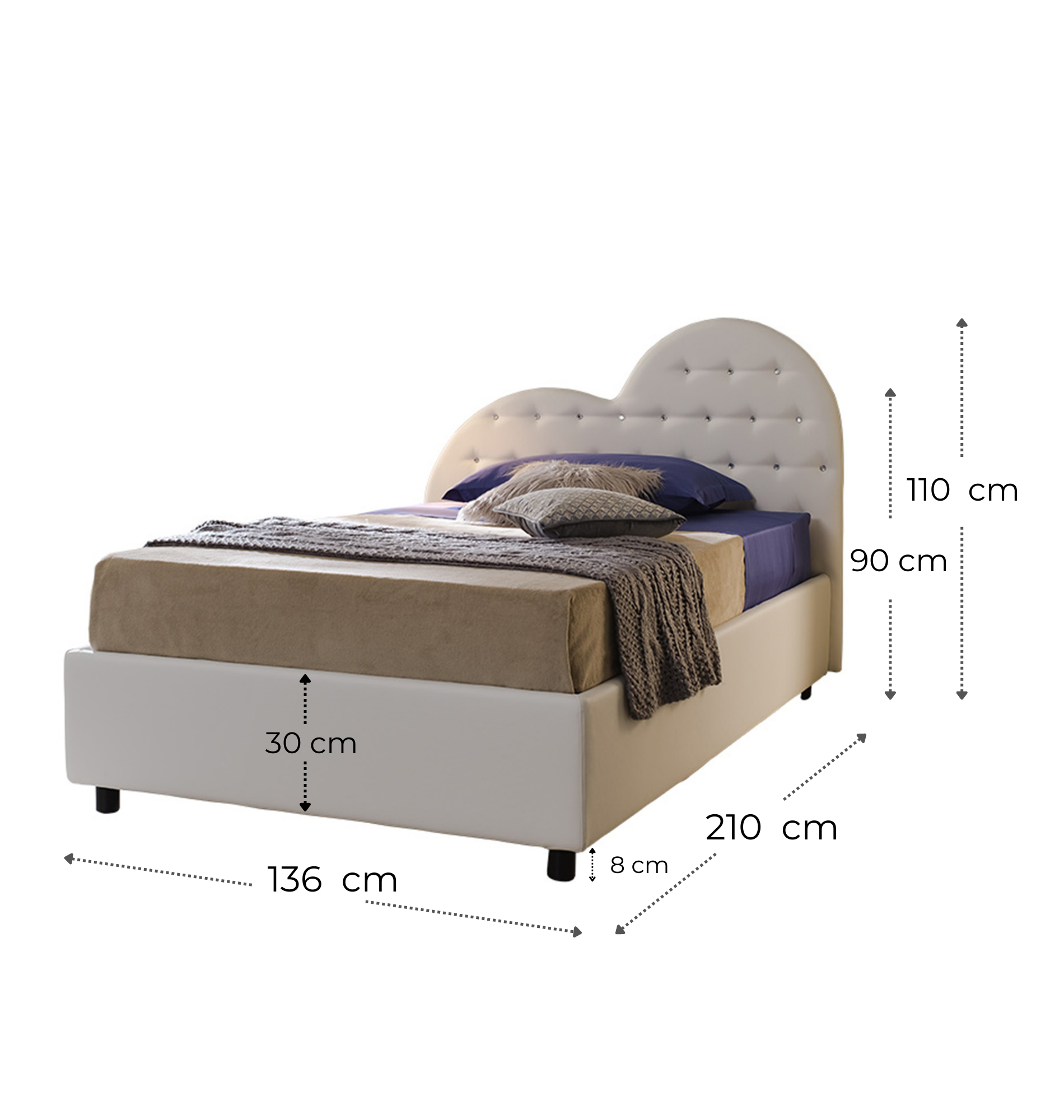 Valentina, Letto a una piazza e mezza con testiera a cuore (136cm X 210cm X 106cm)