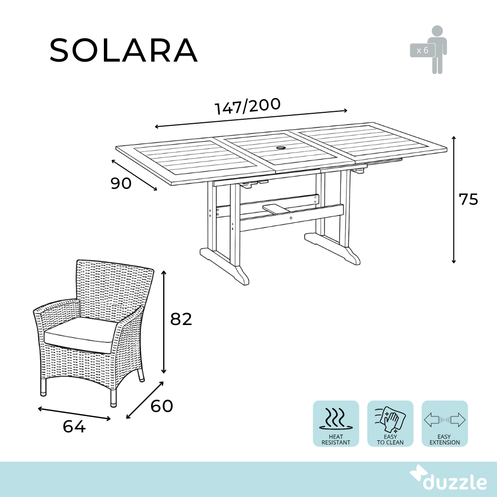 Solara set, Set da esterno con 6 sedie e tavolo allungabile (Tav : 147/200cm x 90cm H. 75cm Sed : 60cm x 64cm H. 82cm)